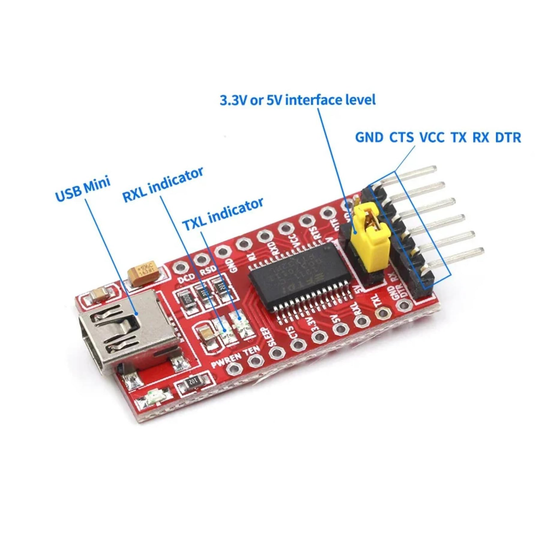USB mini to TTL FTDI Board Module FT232RL Switchable 3.3V/5V - Image 7