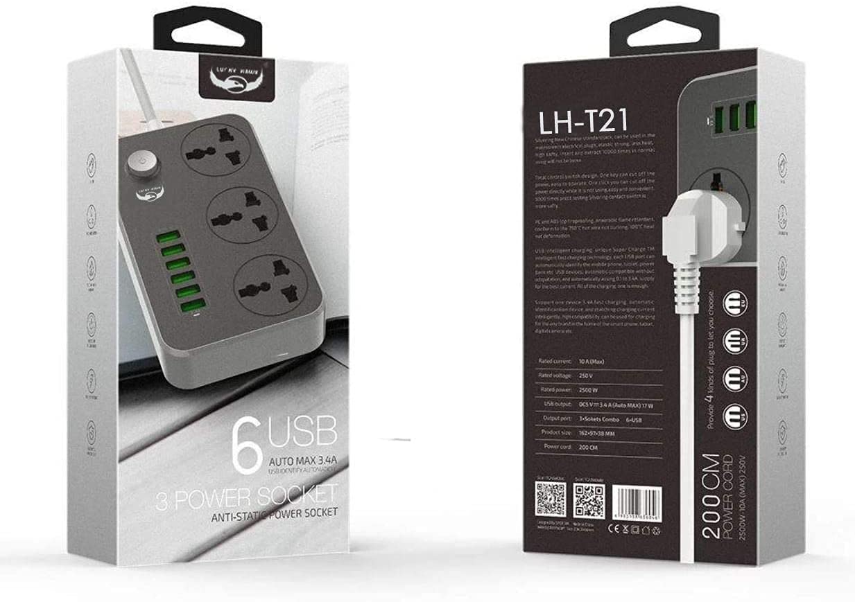 Power Strip Surge Protector with 3 Universal International Socket & Smart 6 USB Charging Ports 3.4A - Image 2