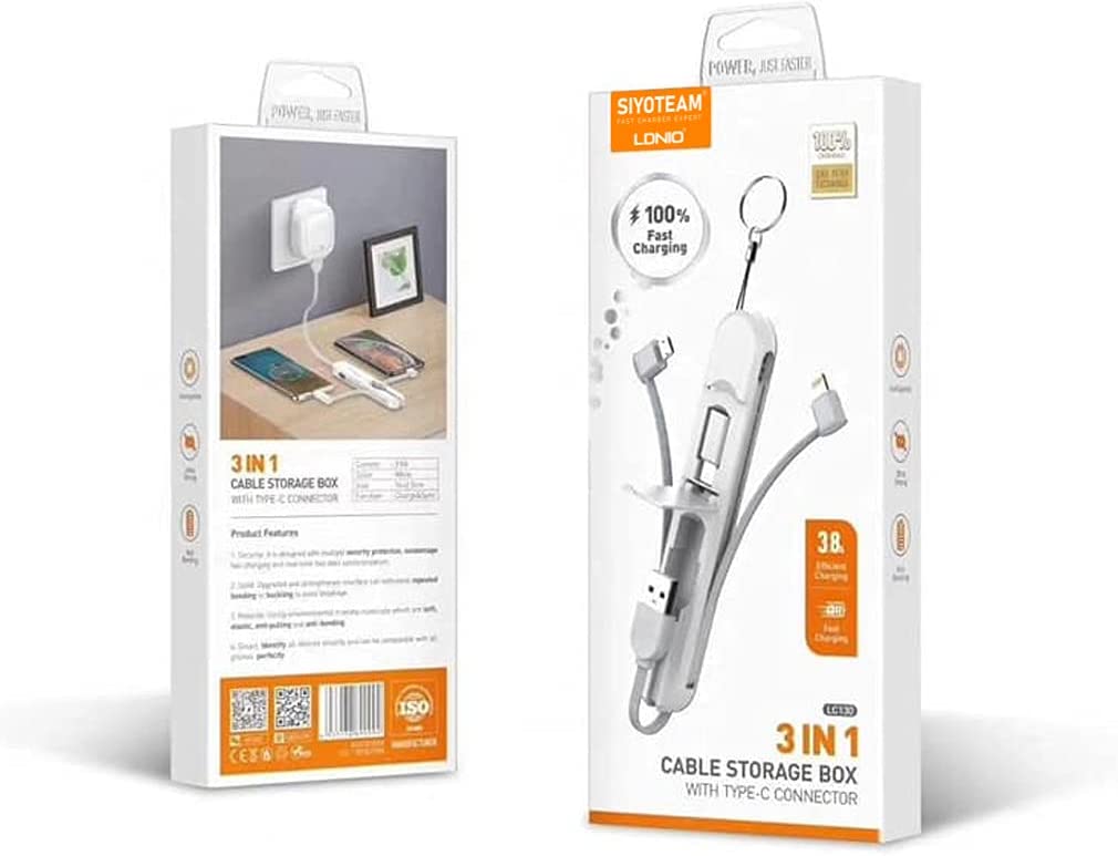 Ldnio LC130 3 in 1 Cable Storage Box With Type-C Connector 3.8A, 14 * 2.5 CM, Anti Bending - White