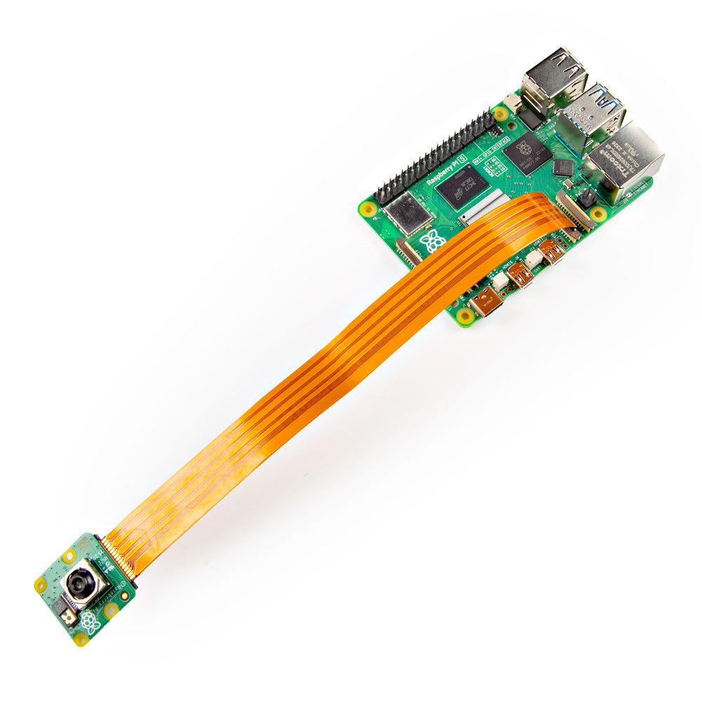 flexible flat cable (FFC) adapter converts the 22-pin 0.5mm pitch camera port on the Raspberry Pi 5 to a standard 15-pin 1.0mm pitch interface, enabling compatibility with Raspberry Pi Camera Modules (v1/v2/HD) and third-party MIPI CSI cameras. - Image 2