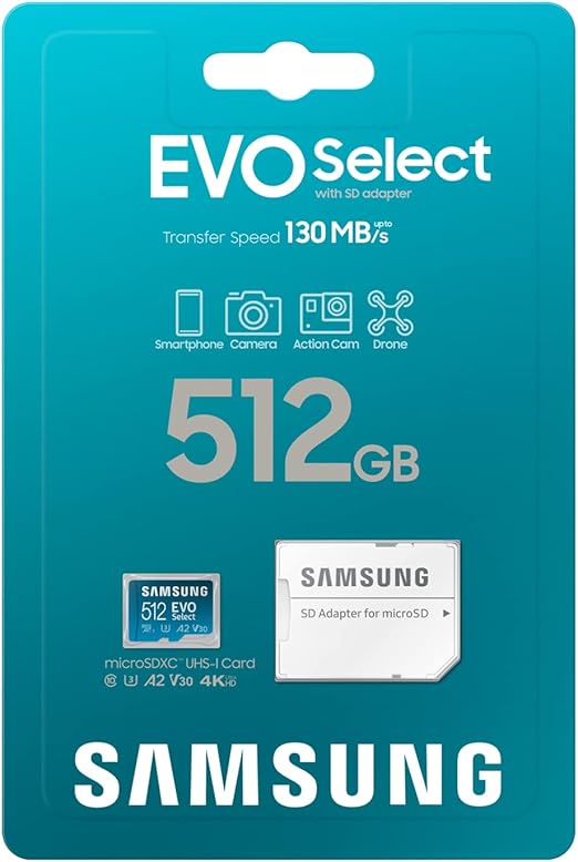 Samsung EVO Select 512GB Micro SDXC Memory Card - High-Performance, Reliable Storage for Your Devices